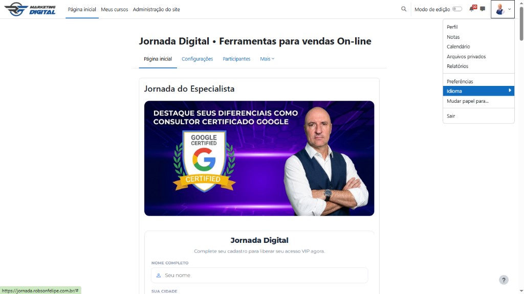 Menu do usuário — preferências