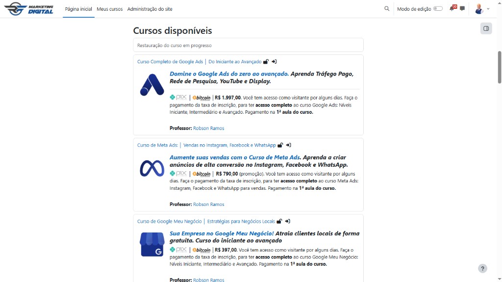 Página inicial — lista de cursos